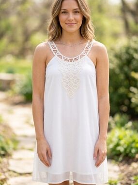 BeBop White Boho Crochet Lace Trim Mini Dress